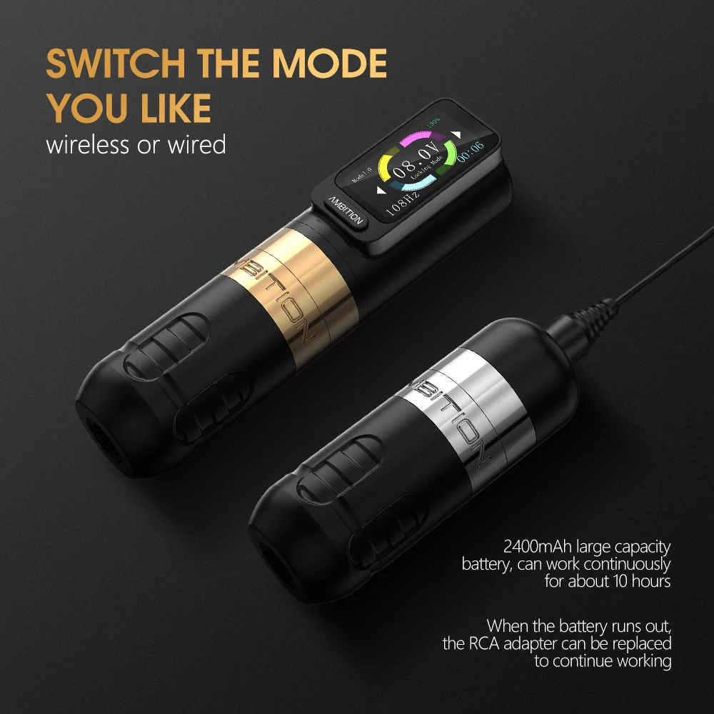 Ambition Zetton Wireless Tattoo Machine Pen 4.0/3.5mm Stroke Straight Rod Structure Brushless Motor 2400mAh Touch Screen Battery