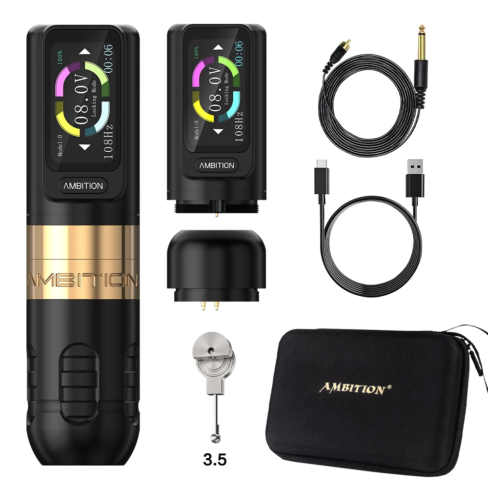 Ambition Zetton Wireless Tattoo Machine Pen 4.0/3.5mm Stroke Straight Rod Structure Brushless Motor 2400mAh Touch Screen Battery