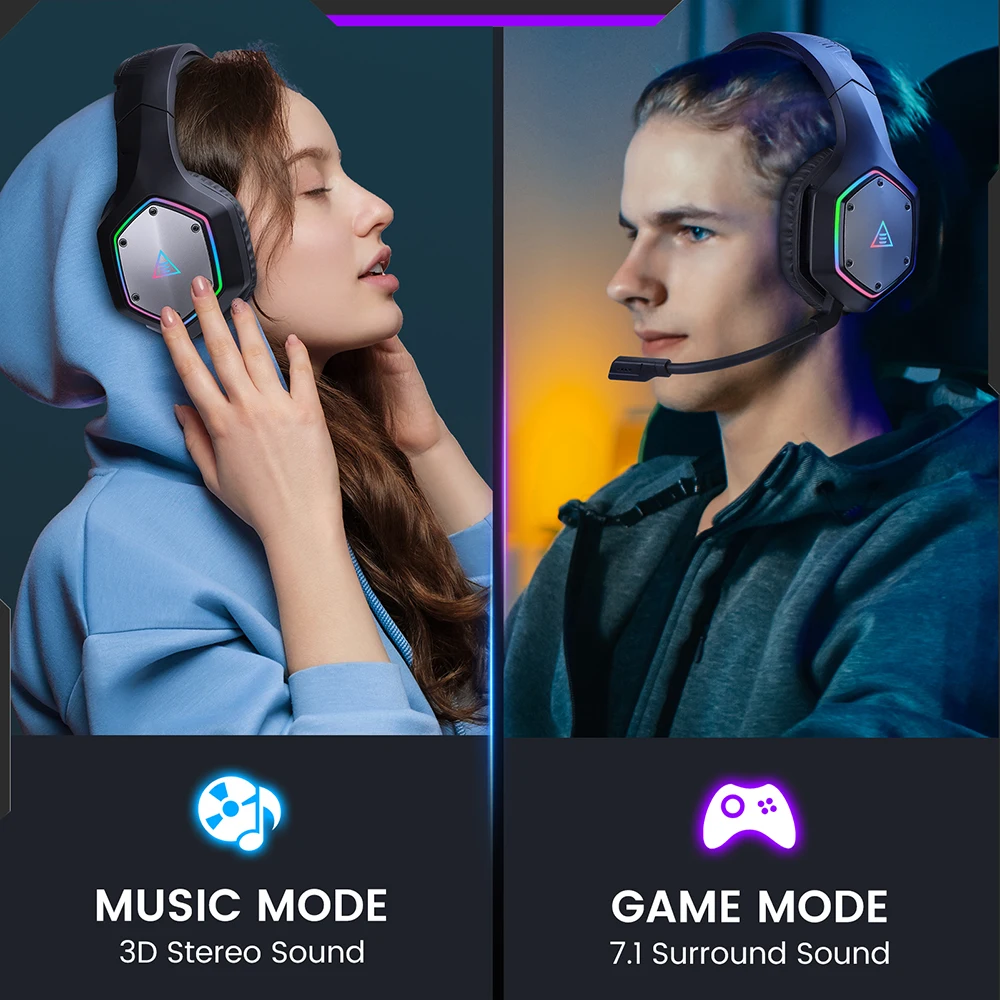 EKSA E1000WT 2.4GHz Wireless Gaming Headphones 7.1 Surround Wired Headset Gamer with ENC Mic Low Latency for PC/PS4/PS5/Xbox