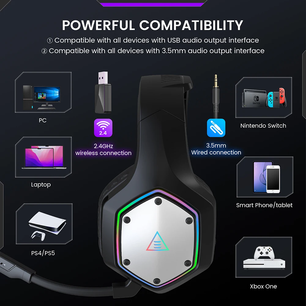 EKSA E1000WT 2.4GHz Wireless Gaming Headphones 7.1 Surround Wired Headset Gamer with ENC Mic Low Latency for PC/PS4/PS5/Xbox