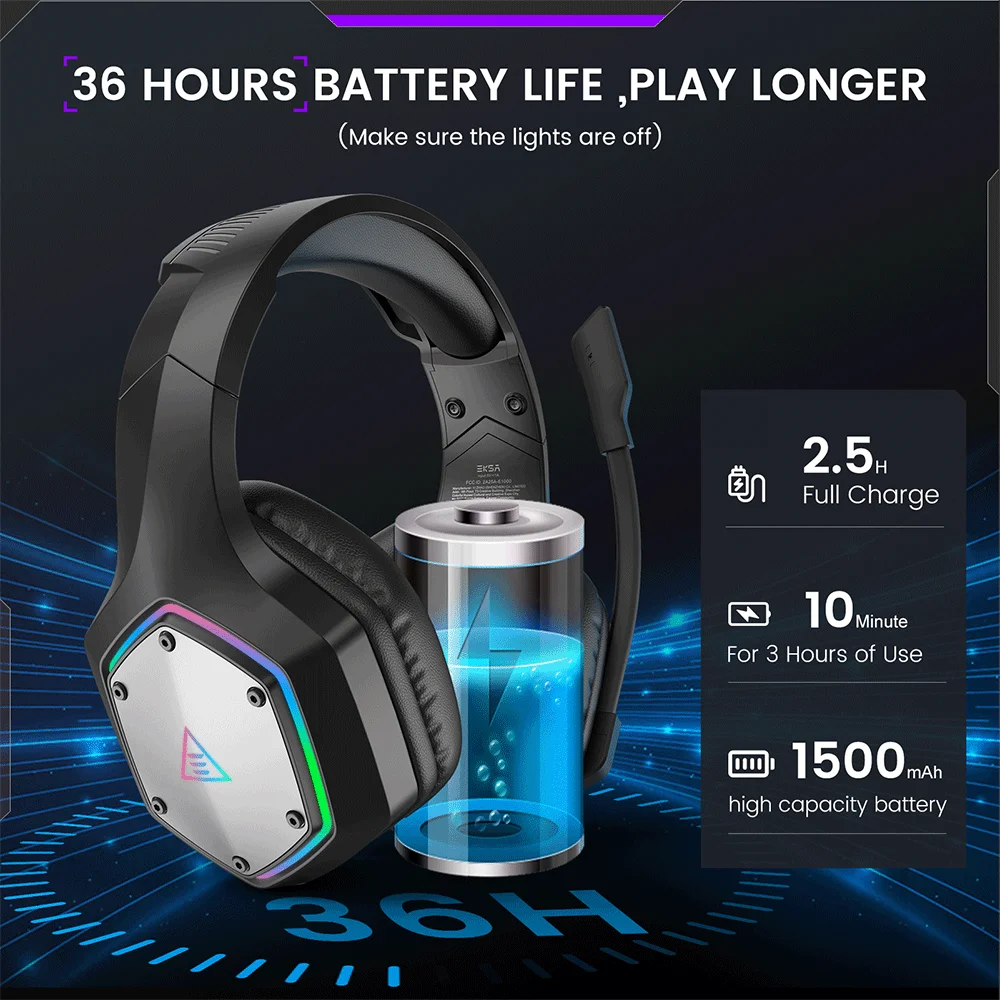EKSA E1000WT 2.4GHz Wireless Gaming Headphones 7.1 Surround Wired Headset Gamer with ENC Mic Low Latency for PC/PS4/PS5/Xbox