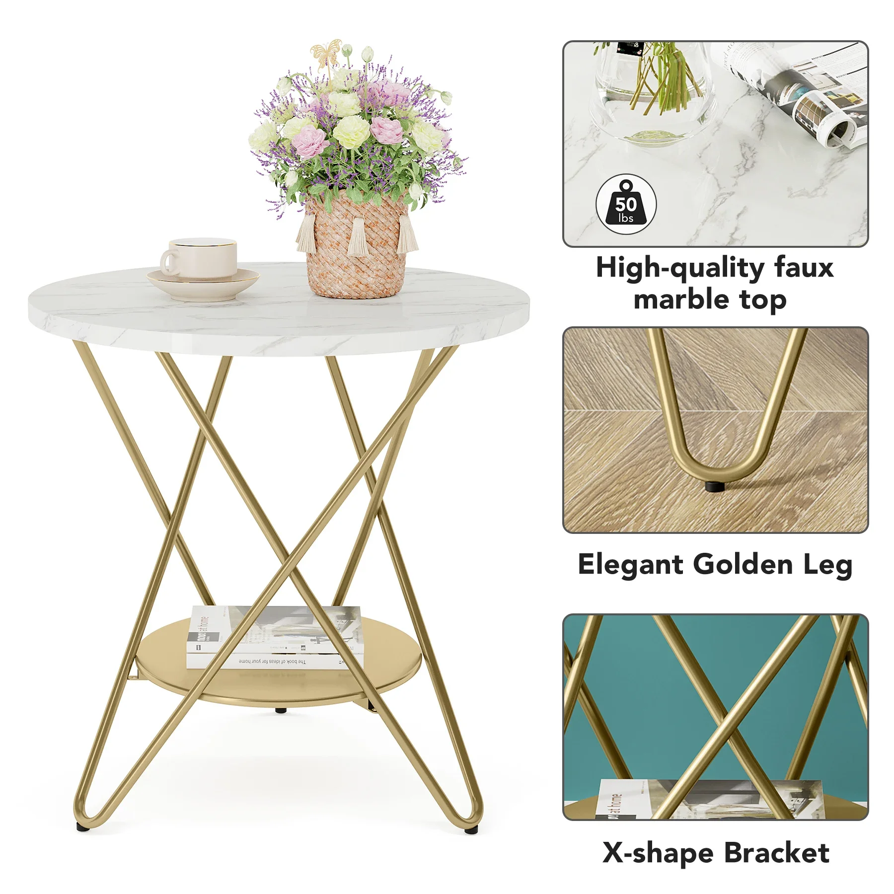 Tribesigns End Table Round Coffee Side Table Faux Marble Snack Table