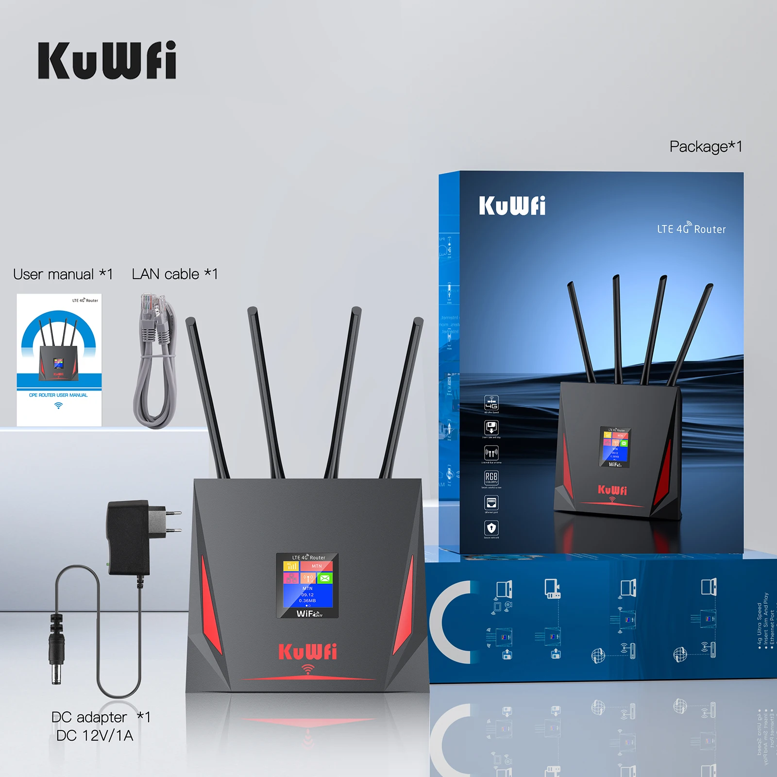 KuWfi 4G LTE Router CAT4 300Mbps Wifi Router 4G Modem with Free SIM Card RJ45 WAN LAN External Antenna Support 10 Users Connect