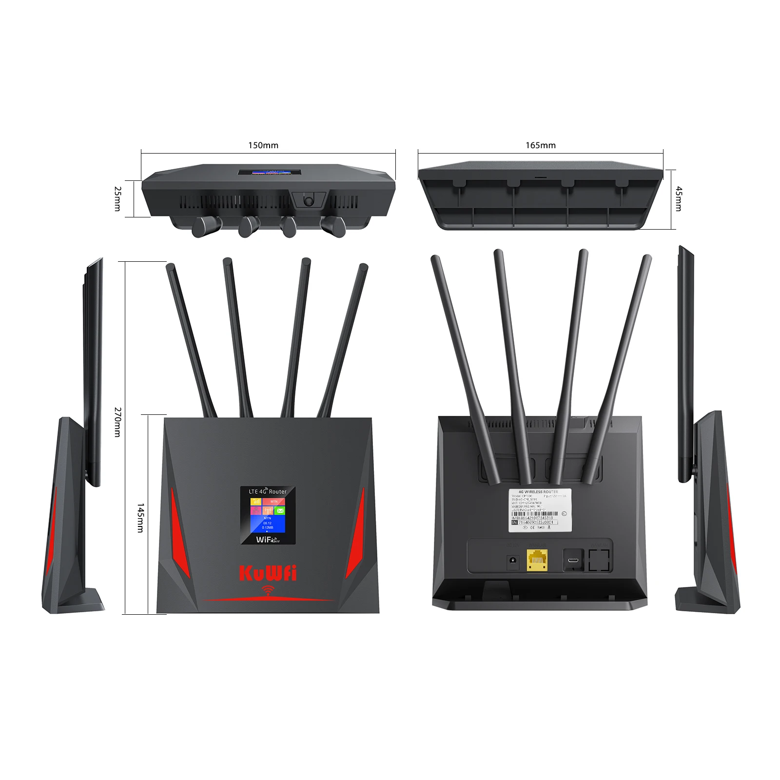 KuWfi 4G LTE Router CAT4 300Mbps Wifi Router 4G Modem with Free SIM Card RJ45 WAN LAN External Antenna Support 10 Users Connect