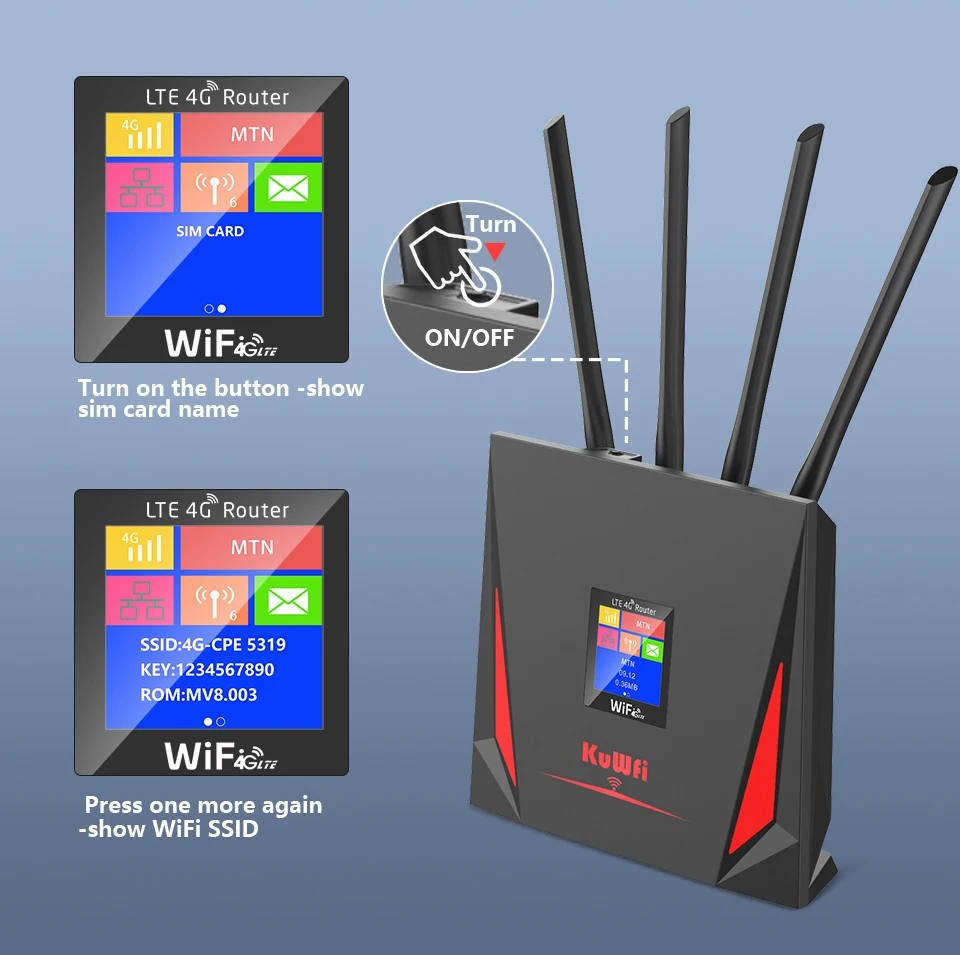 KuWfi 4G LTE Router CAT4 300Mbps Wifi Router 4G Modem with Free SIM Card RJ45 WAN LAN External Antenna Support 10 Users Connect