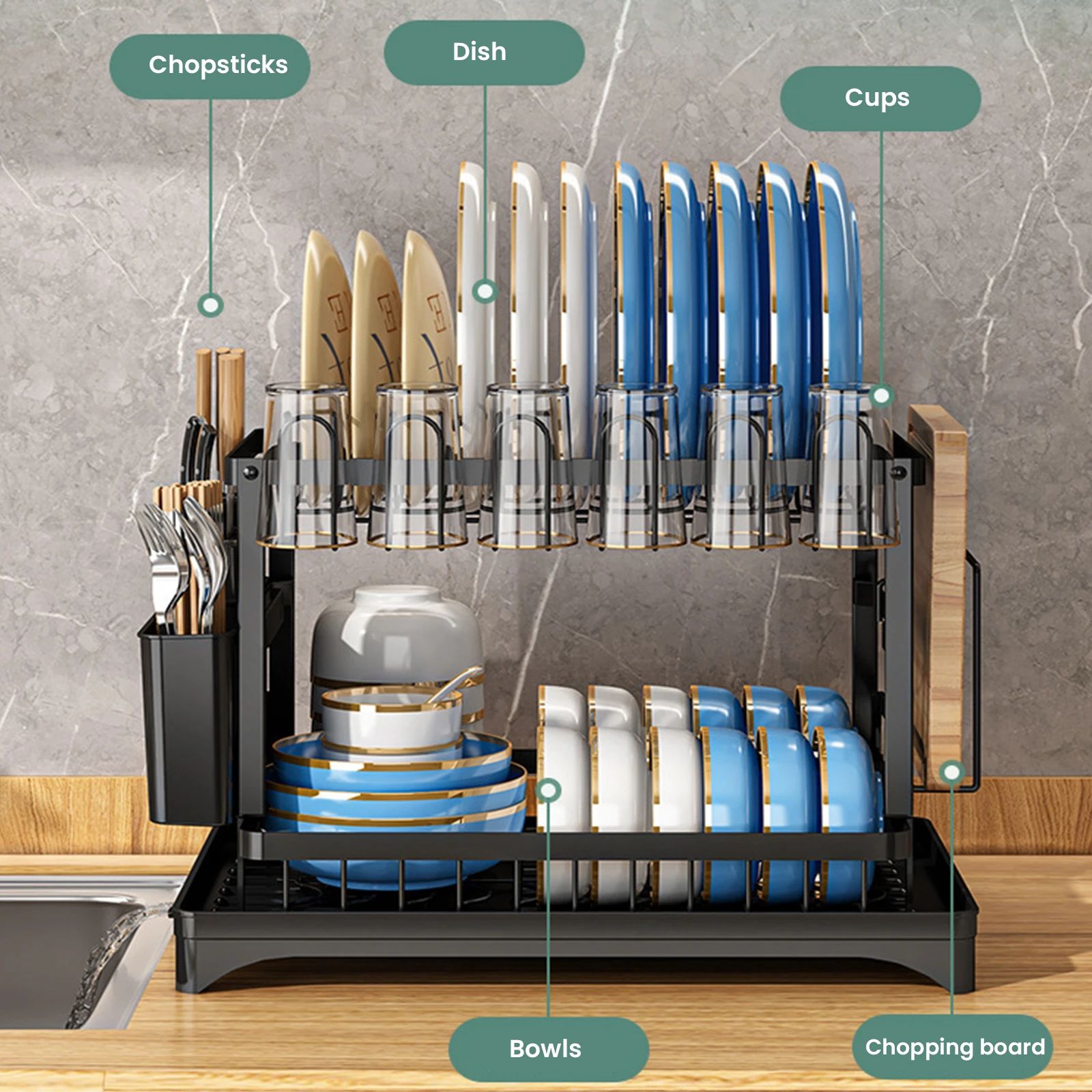 Double Layer Dish Drainer with Drainage Plate Stainless Steel Kitchen Dish Drainer with Cutlery and Cup Holder Kitchen Utensils