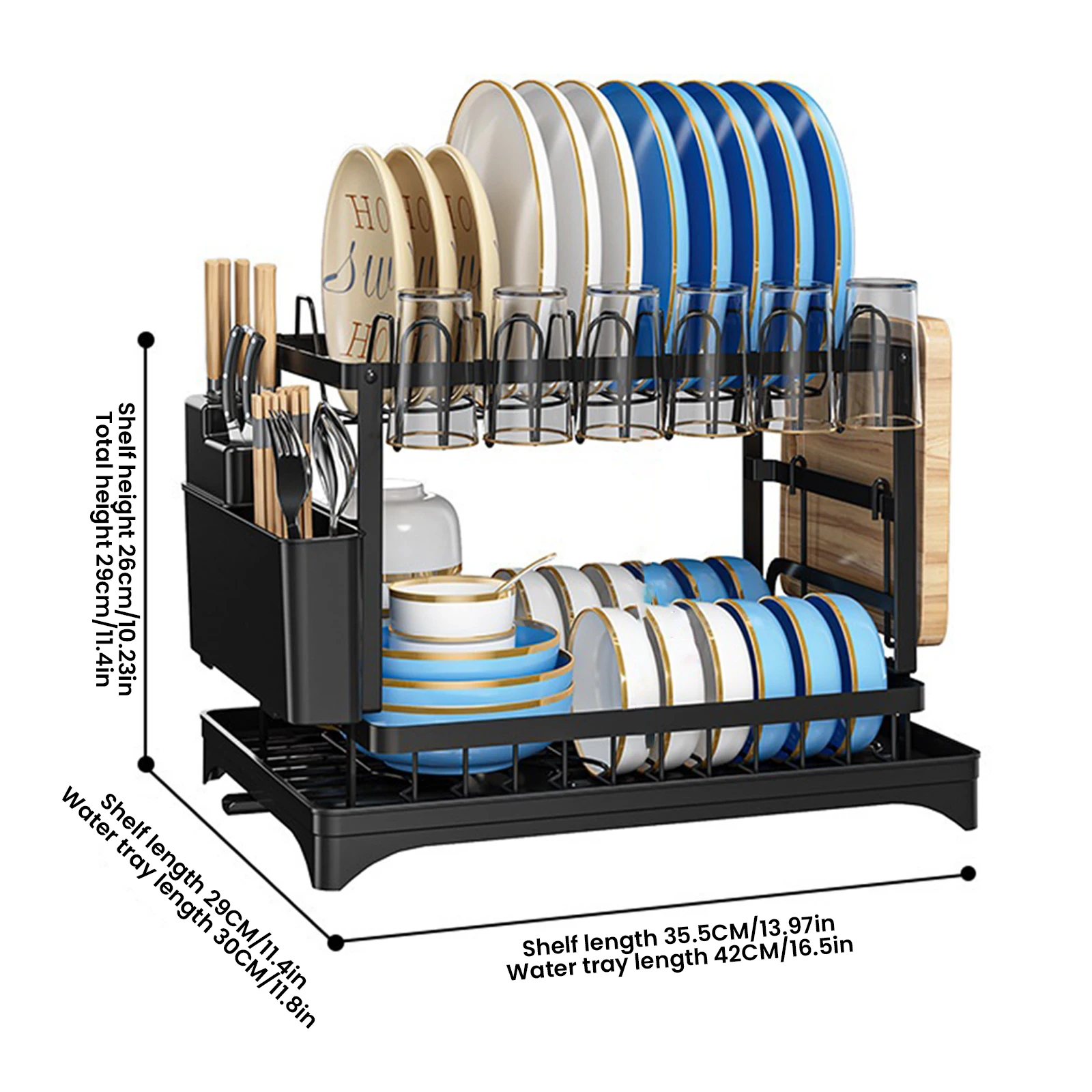 Double Layer Dish Drainer with Drainage Plate Stainless Steel Kitchen Dish Drainer with Cutlery and Cup Holder Kitchen Utensils