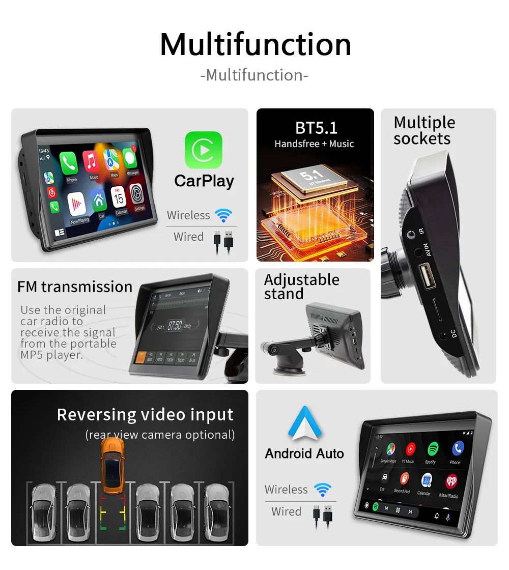 ESSGOO CarPlay Android Auto Car Radio Multimedia Video Player 7inch Portable Touch Screen With USB AUX For Rear View Camera