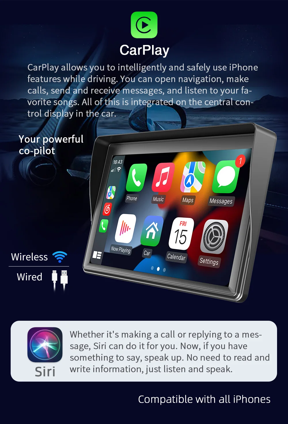 ESSGOO CarPlay Android Auto Car Radio Multimedia Video Player 7inch Portable Touch Screen With USB AUX For Rear View Camera