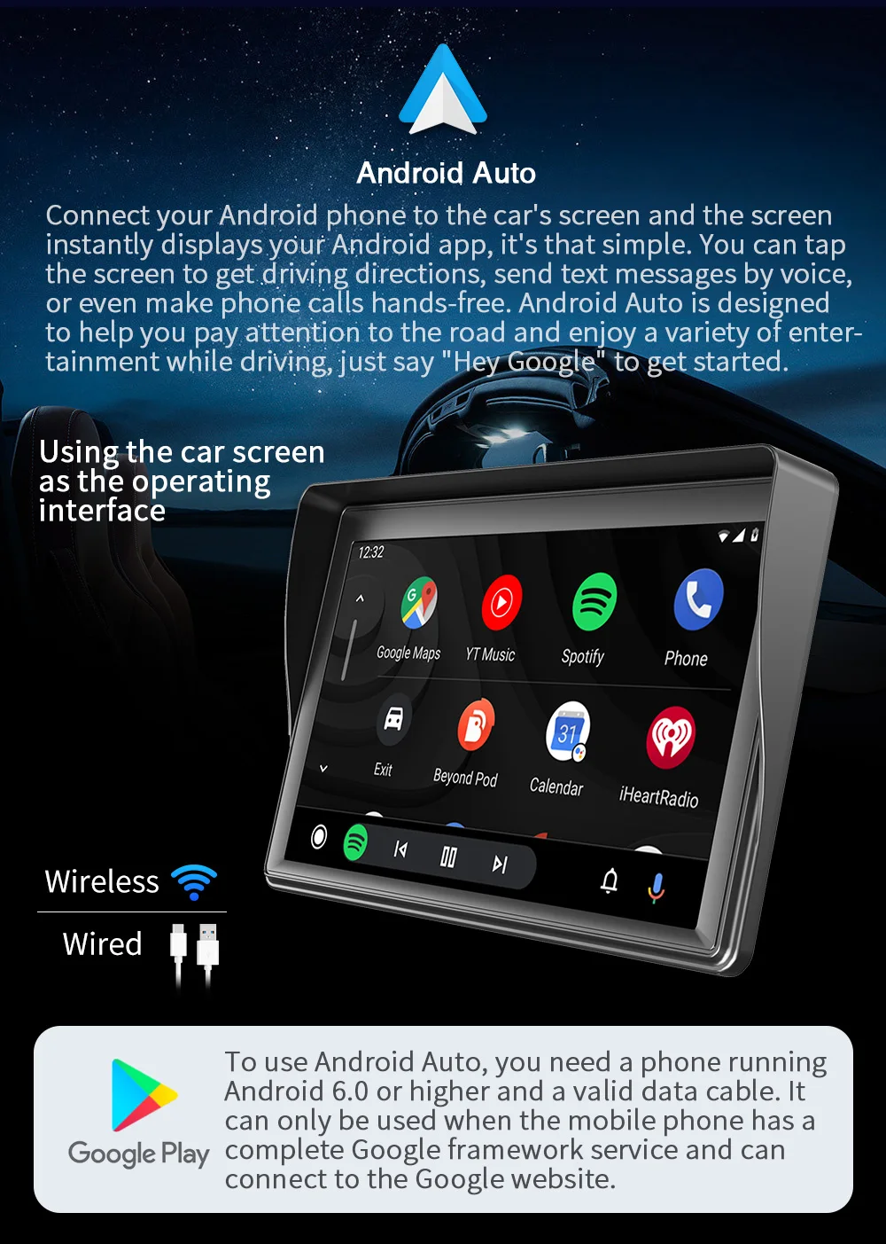 ESSGOO CarPlay Android Auto Car Radio Multimedia Video Player 7inch Portable Touch Screen With USB AUX For Rear View Camera