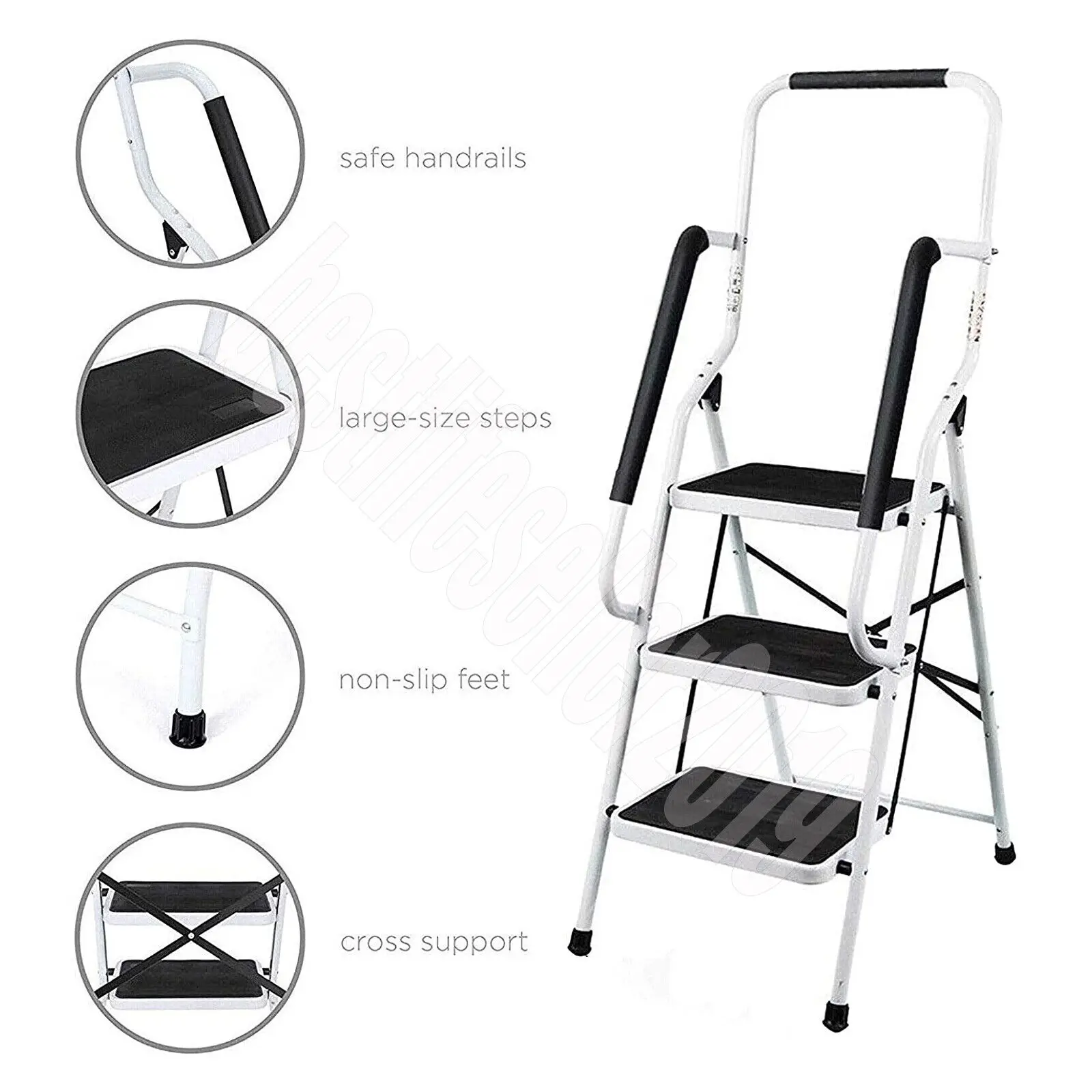 Foldable 3 Step Ladder with Handrails, Steel, Large Size Pedal, Anti-Slip Feet, 150 Kg Capacity, Easy to Store, for Home Kitchen