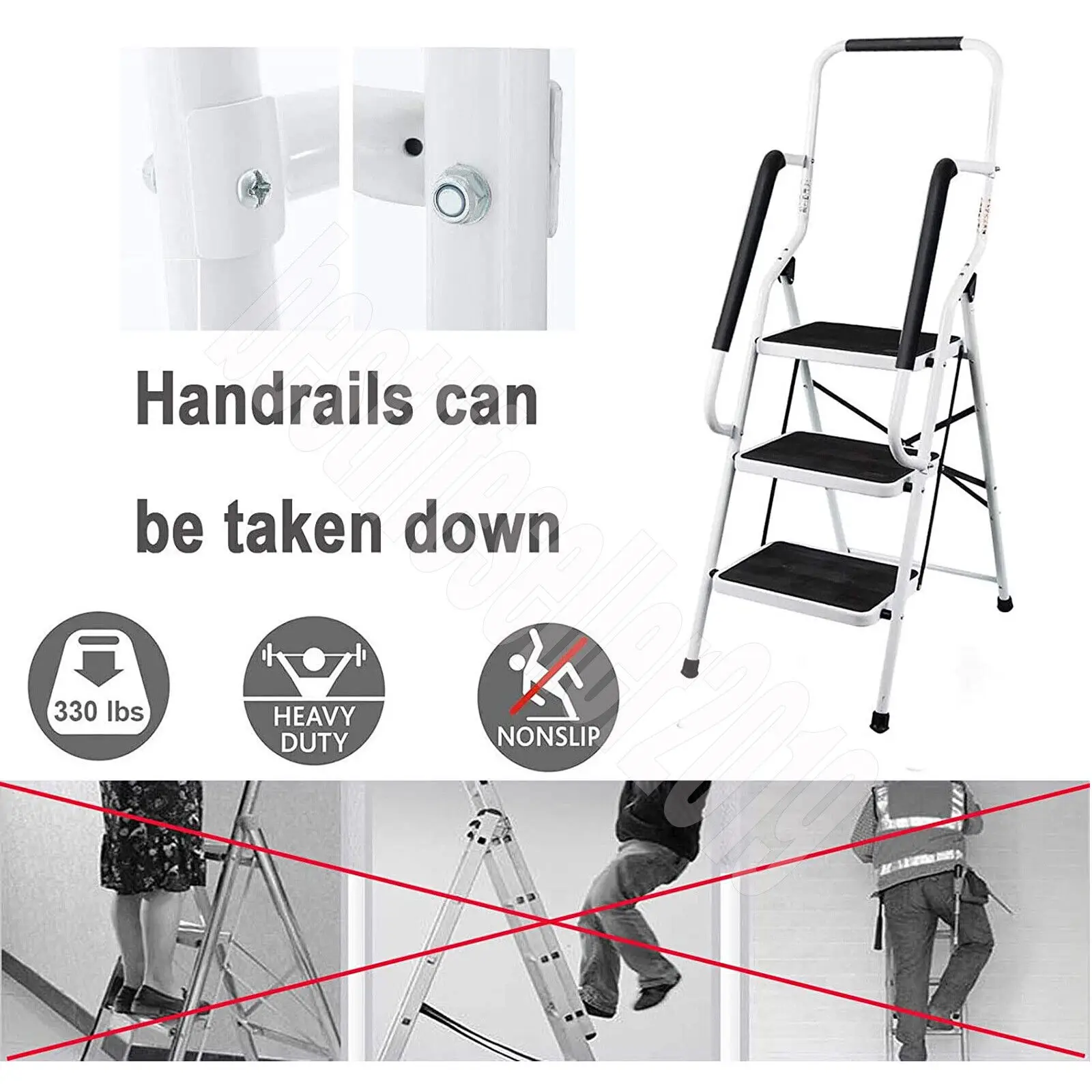 Foldable 3 Step Ladder with Handrails, Steel, Large Size Pedal, Anti-Slip Feet, 150 Kg Capacity, Easy to Store, for Home Kitchen