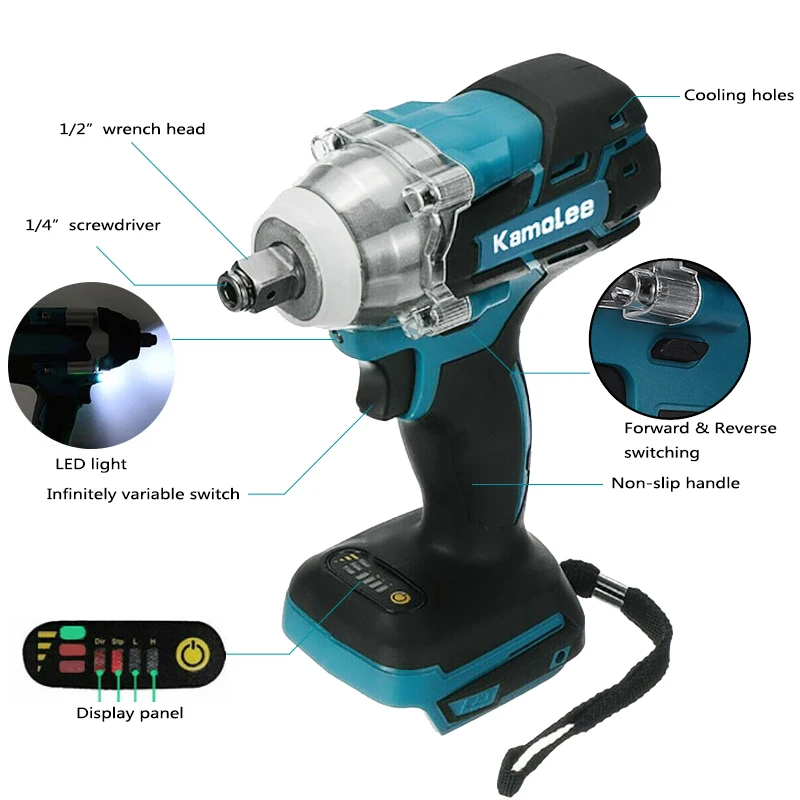Kamolee 520N.M Brushless Cordless Electric Impact Wrench DTW285 Dual Function Power Tools Compatible with 18V Makita Battery