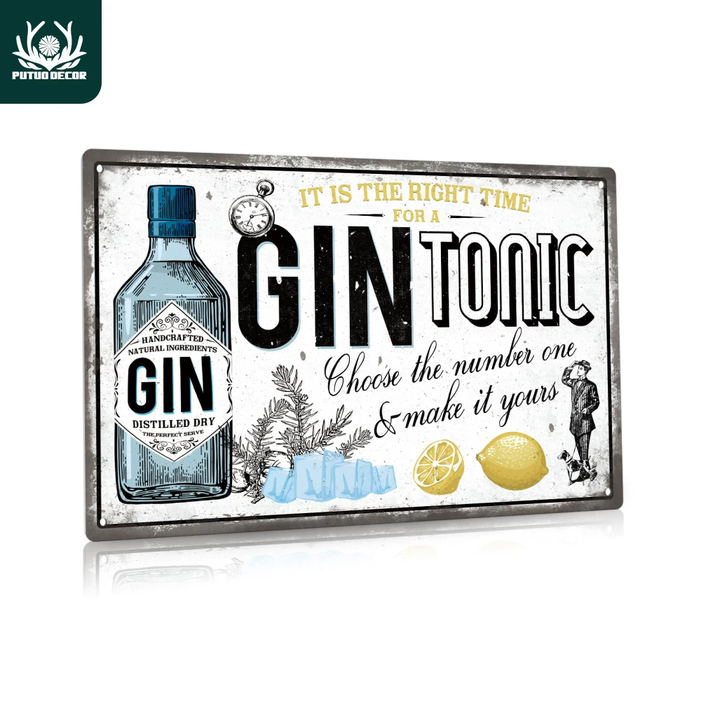Putuo Decor Gin Tin Sign, It Is the Right Time for a Gintonic Choose the Number One , Wall Art Decor for Kitchen Bar Pub Club