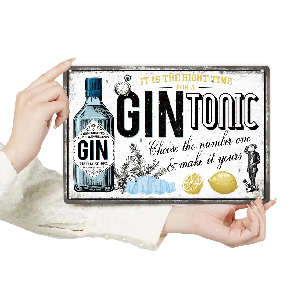 Putuo Decor Gin Tin Sign, It Is the Right Time for a Gintonic Choose the Number One , Wall Art Decor for Kitchen Bar Pub Club