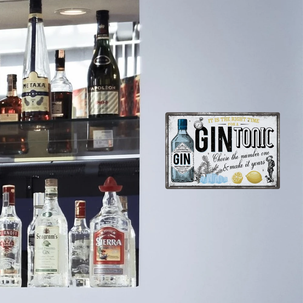 Putuo Decor Gin Tin Sign, It Is the Right Time for a Gintonic Choose the Number One , Wall Art Decor for Kitchen Bar Pub Club