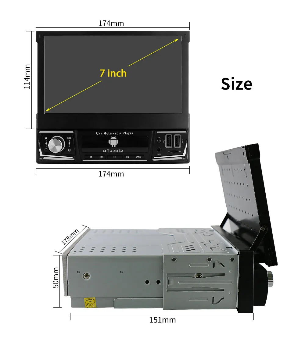 1 Din 7" Carplay Android 12 Car Radio For Universal Head Unit Retractable Screen Multimedia Video Player GPS Navi USB RDS