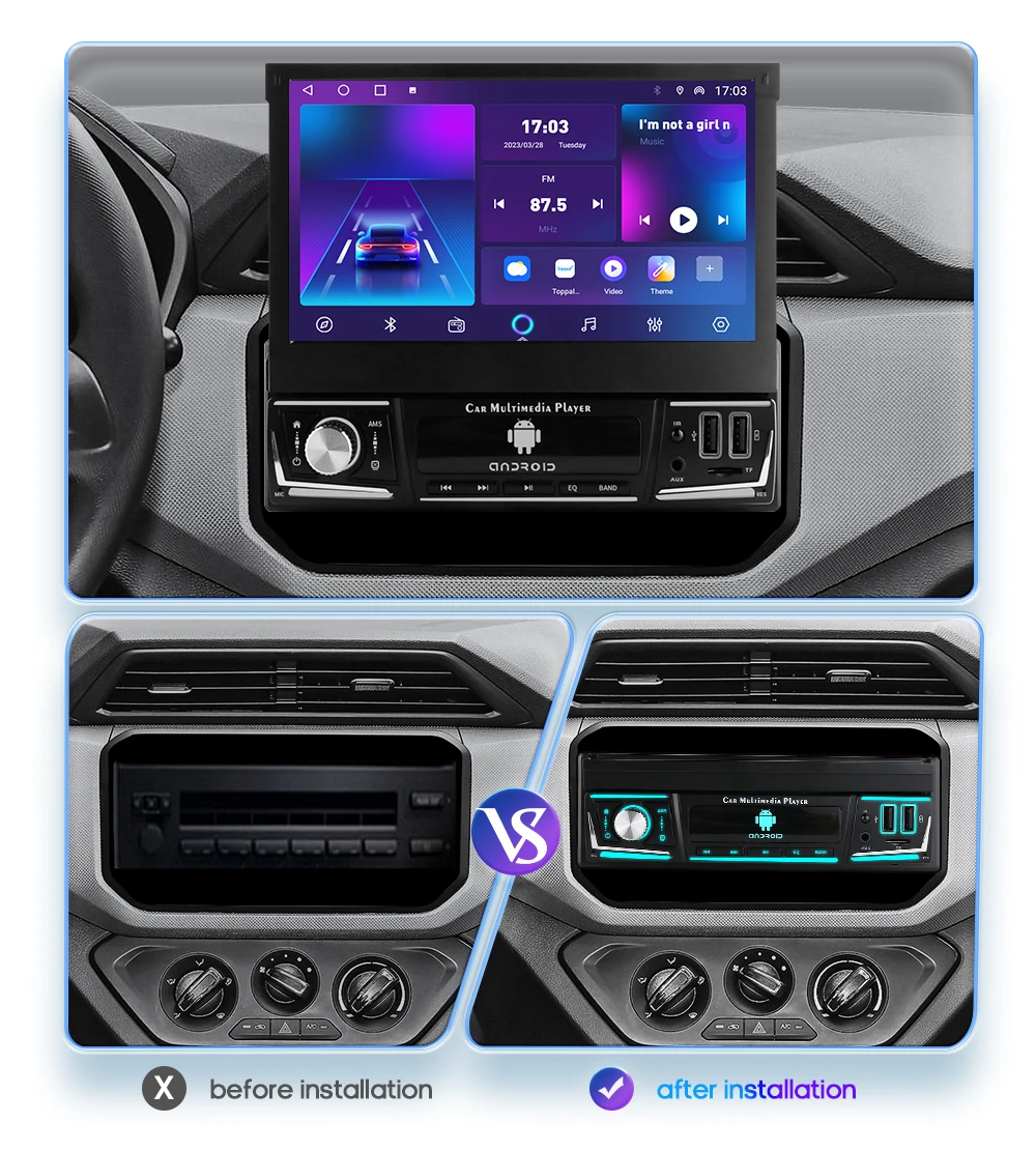 1 Din 7" Carplay Android 12 Car Radio For Universal Head Unit Retractable Screen Multimedia Video Player GPS Navi USB RDS