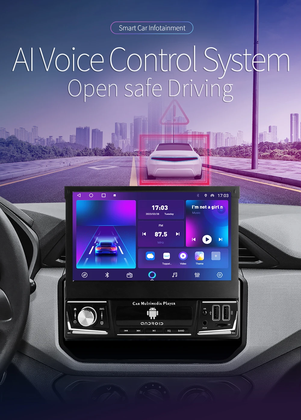 1 Din 7" Carplay Android 12 Car Radio For Universal Head Unit Retractable Screen Multimedia Video Player GPS Navi USB RDS