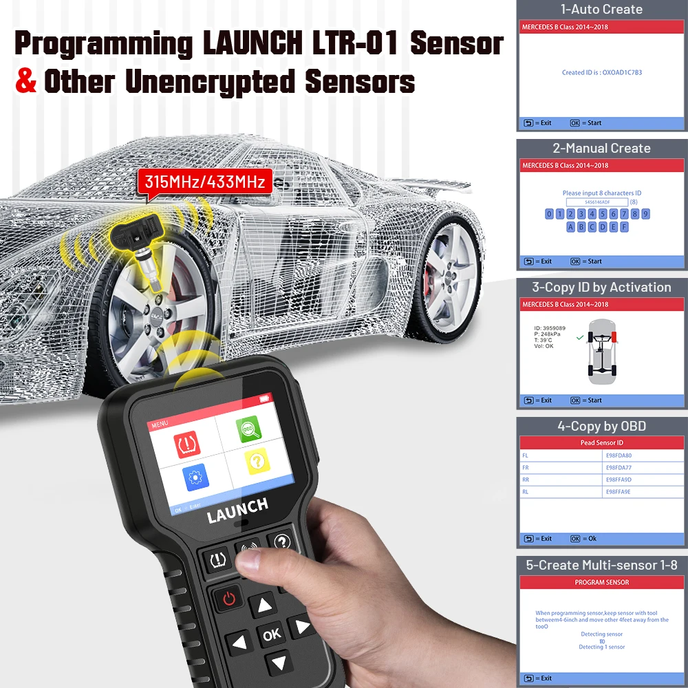 LAUNCH X431 CRT5011E TPMS Diagnostic Tool Tire Pressure 315MHz 433MHz Activation Sensor OBD Automatic Stationary Relearn Program
