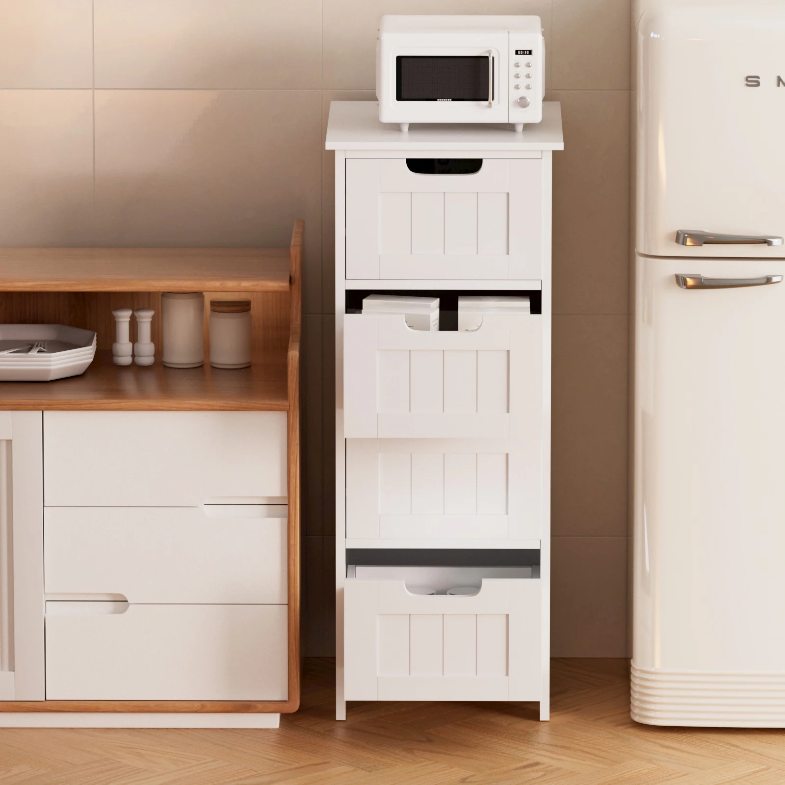 4 Drawer Chest of Drawers, White Floor Standing Bathroom Storage Cabinet Cupboard, Wooden Storage Dresser Organizer Unit, MDF