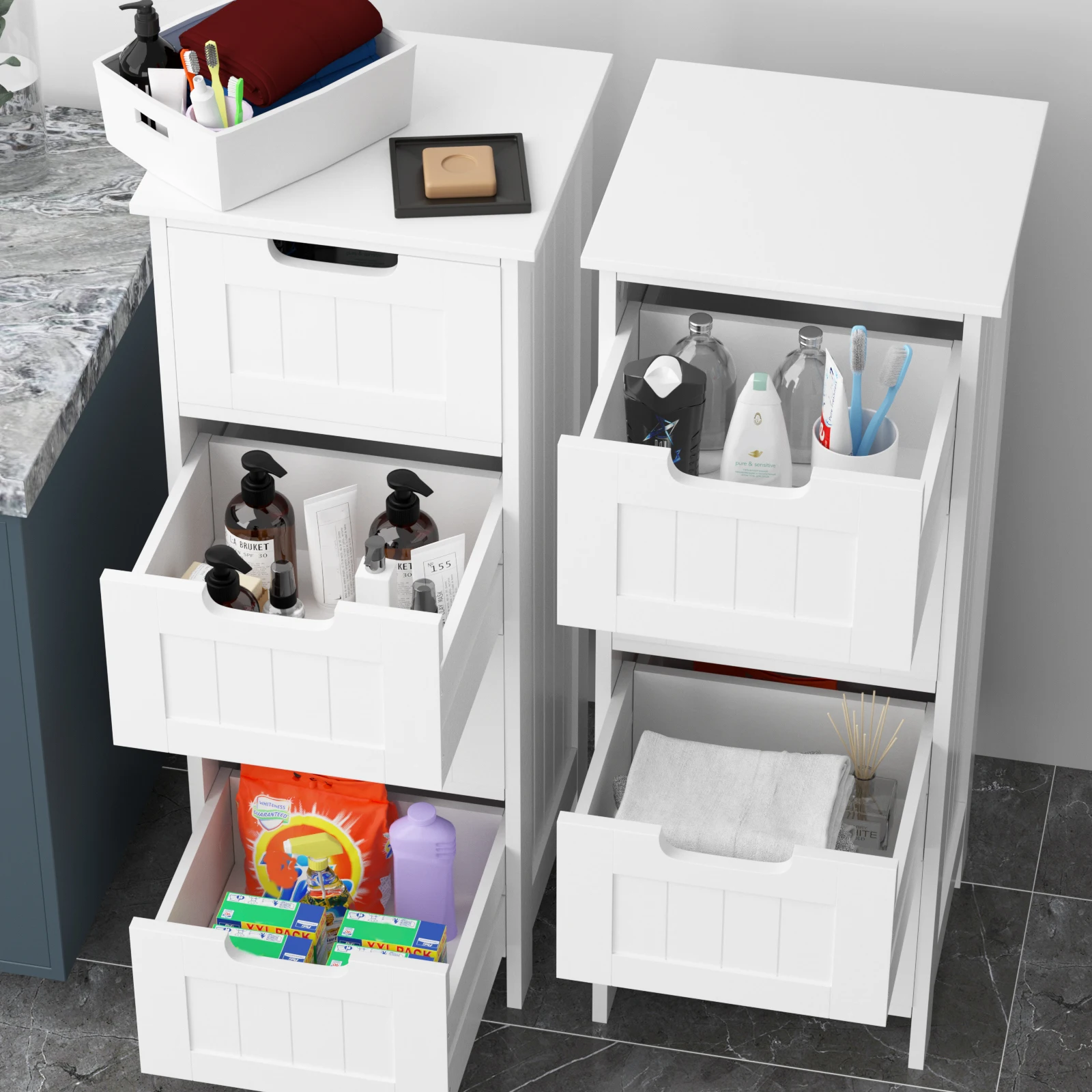 4 Drawer Chest of Drawers, White Floor Standing Bathroom Storage Cabinet Cupboard, Wooden Storage Dresser Organizer Unit, MDF