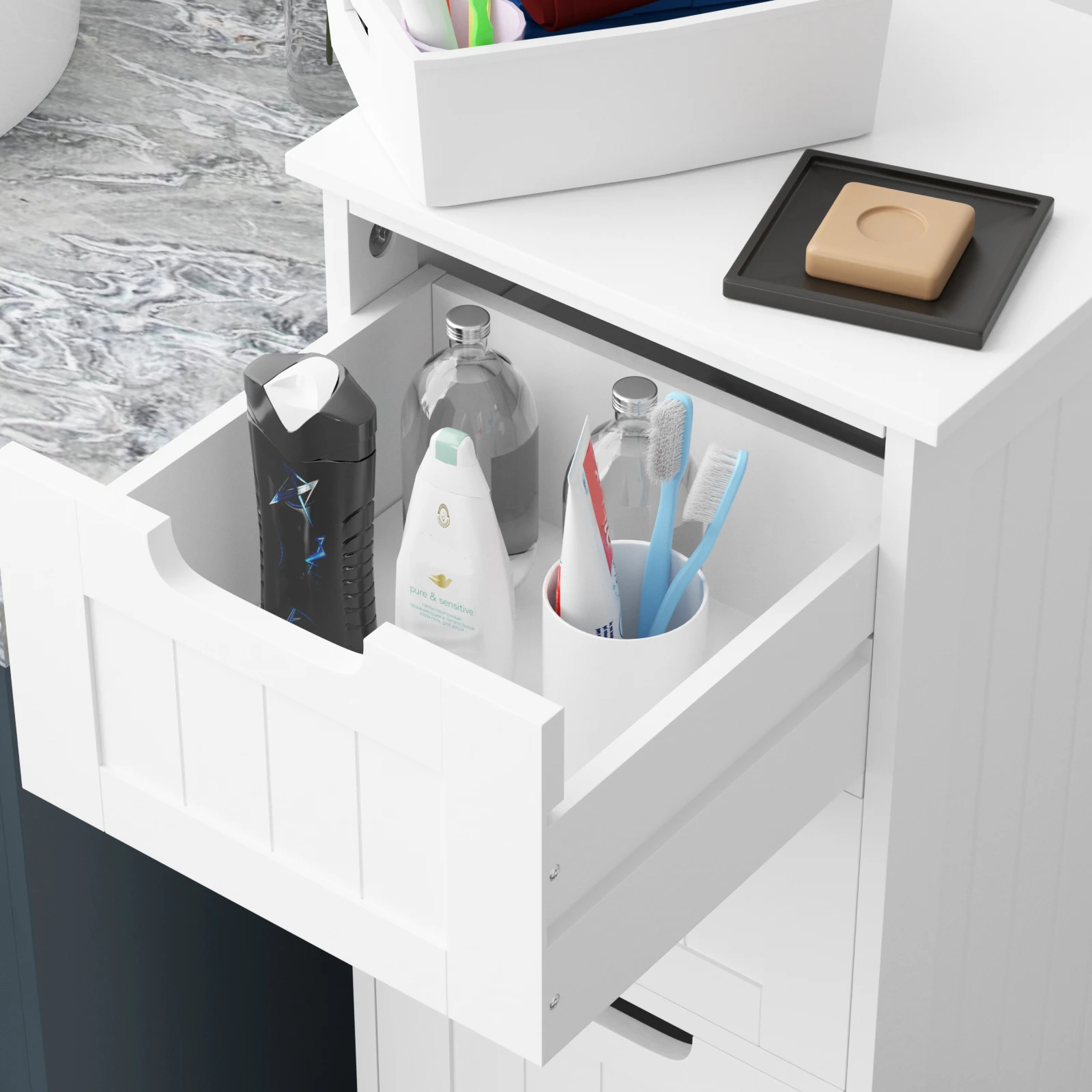 4 Drawer Chest of Drawers, White Floor Standing Bathroom Storage Cabinet Cupboard, Wooden Storage Dresser Organizer Unit, MDF
