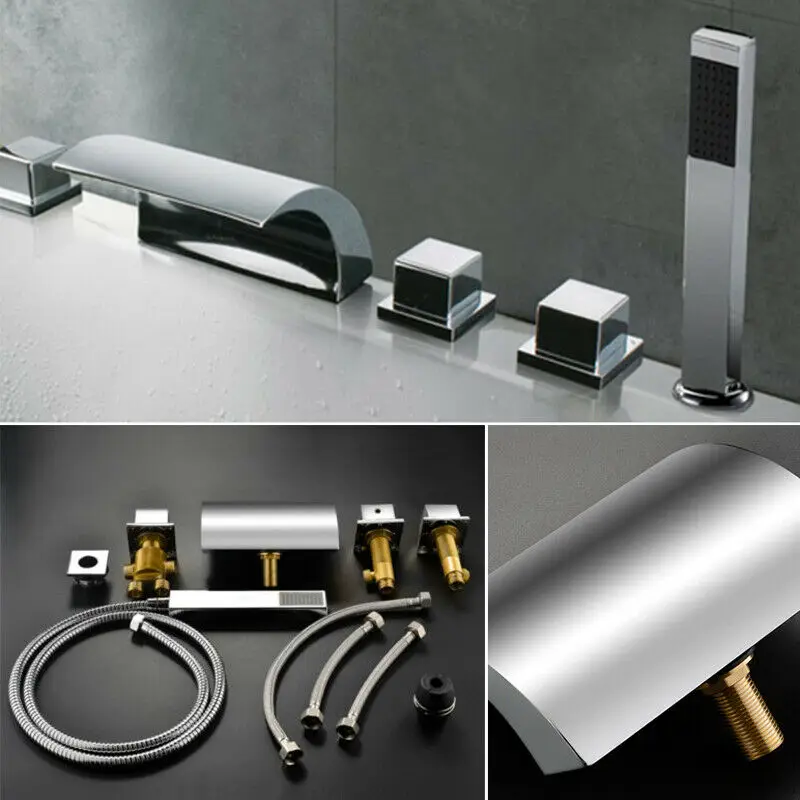 5 Hole Bathroom Bathtub Faucet Chrome Tub Sink Tap w/Hand Shower
