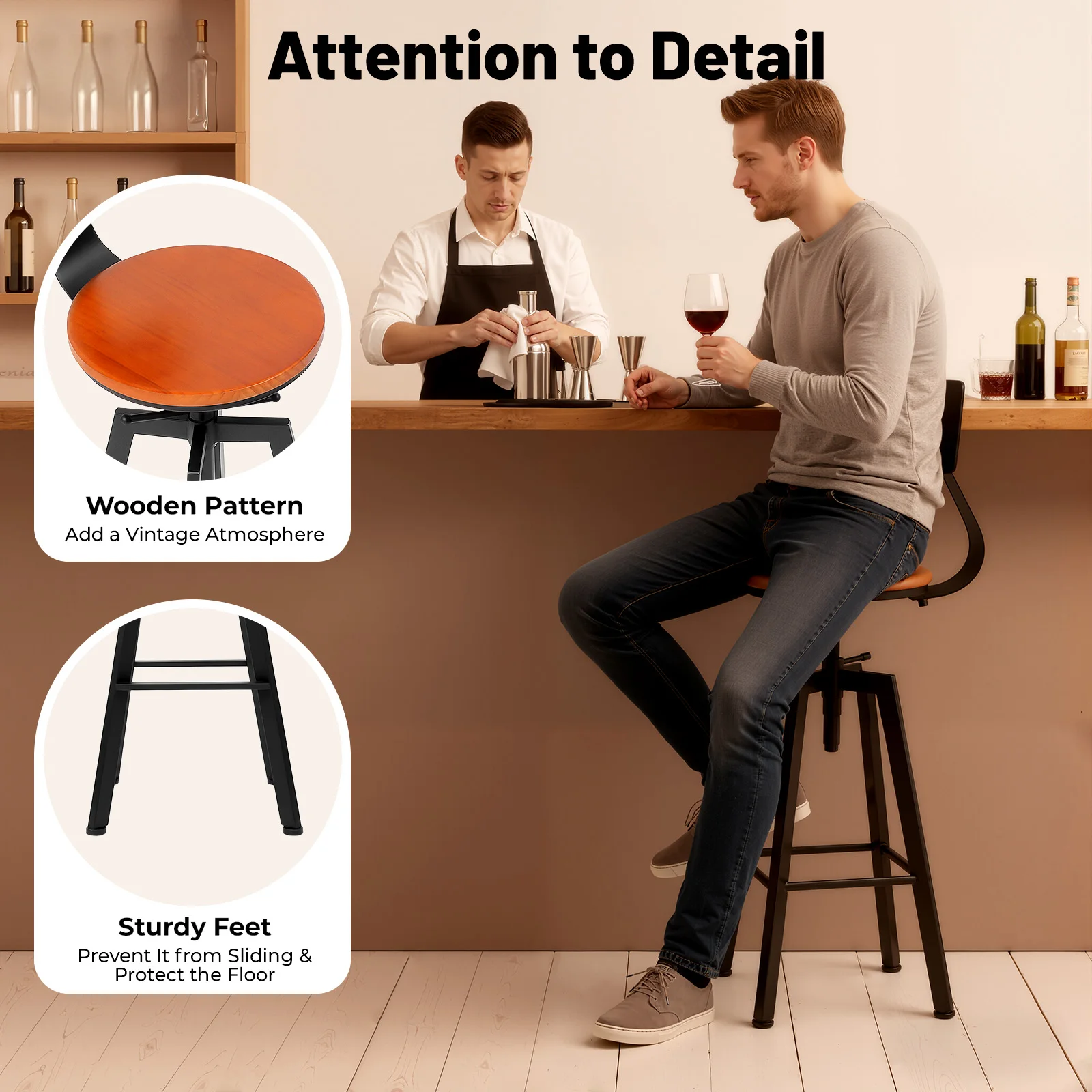 2pcs Bar Stool Wood Bar Chair Height Adjustable Bar Stool Kitchen Bar Chairs with Backrest Dining Table and Chairs Bar