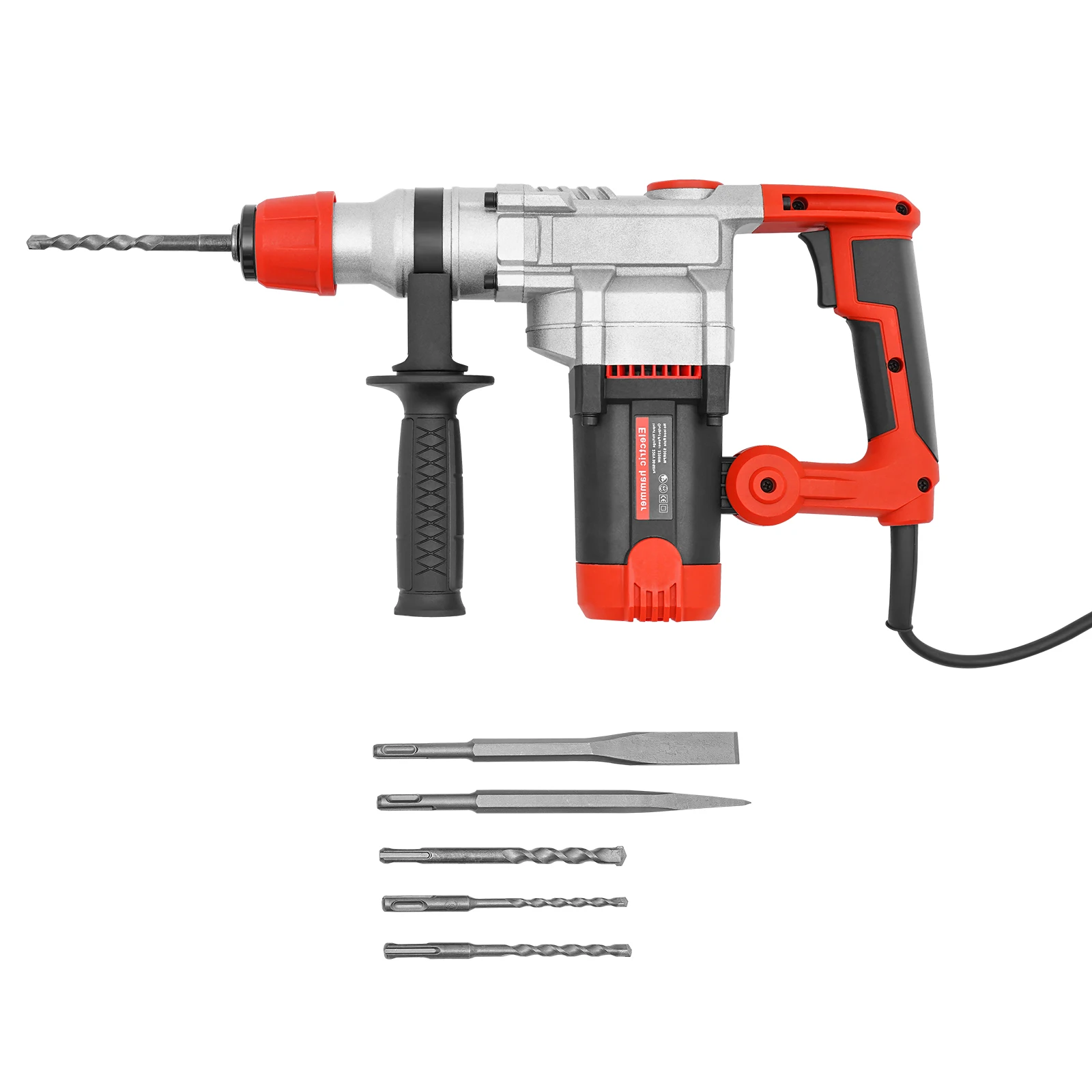 2200W Electric Rotary Demolition Hammer Drill Handheld Concrete Breaker Perforator Chisel Percussion Drill 0-930Rpm with 6 Bits