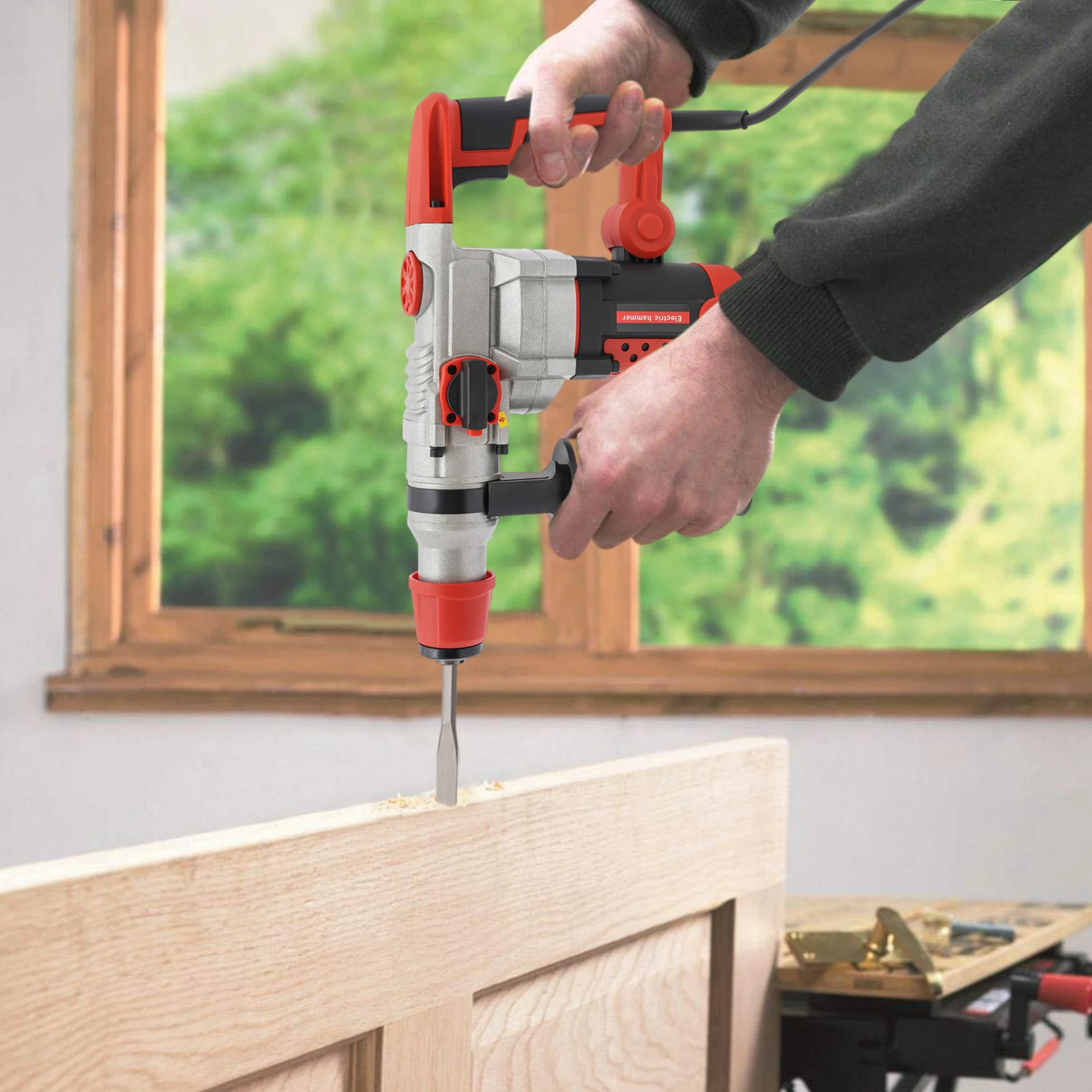 2200W Electric Rotary Demolition Hammer Drill Handheld Concrete Breaker Perforator Chisel Percussion Drill 0-930Rpm with 6 Bits