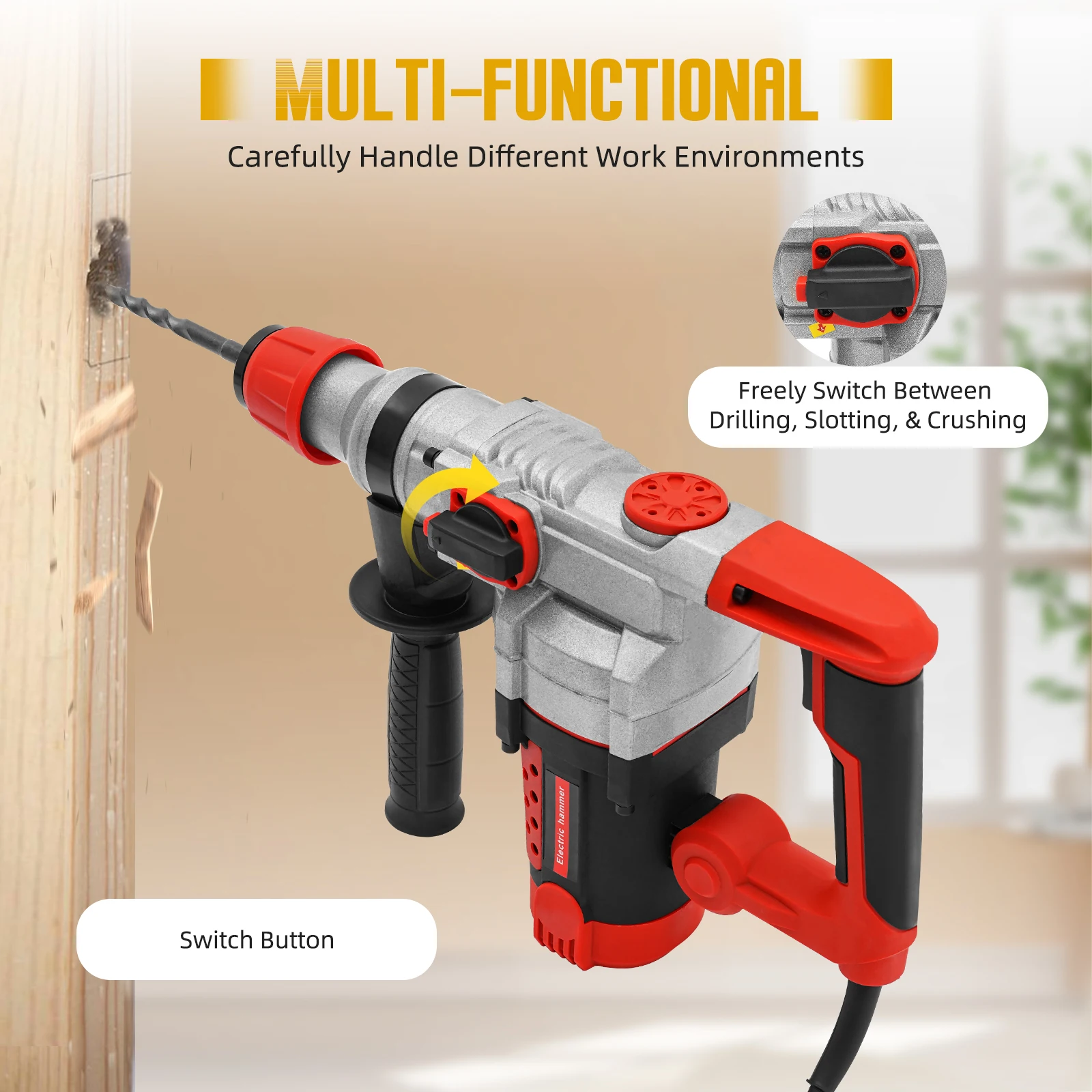2200W Electric Rotary Demolition Hammer Drill Handheld Concrete Breaker Perforator Chisel Percussion Drill 0-930Rpm with 6 Bits