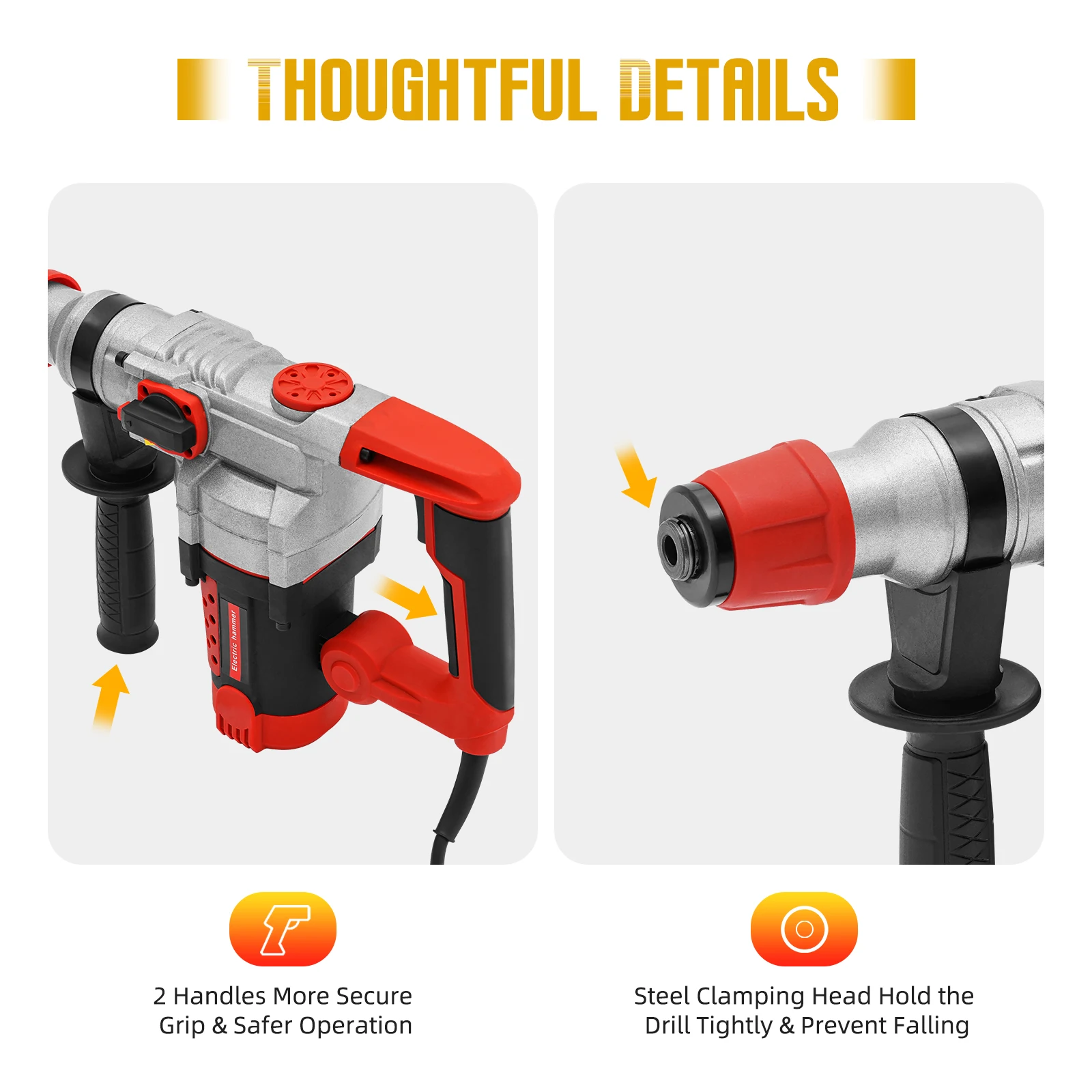2200W Electric Rotary Demolition Hammer Drill Handheld Concrete Breaker Perforator Chisel Percussion Drill 0-930Rpm with 6 Bits