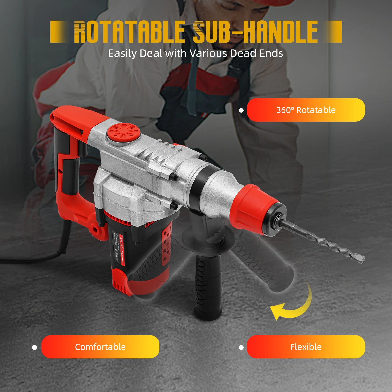 2200W Electric Rotary Demolition Hammer Drill Handheld Concrete Breaker Perforator Chisel Percussion Drill 0-930Rpm with 6 Bits