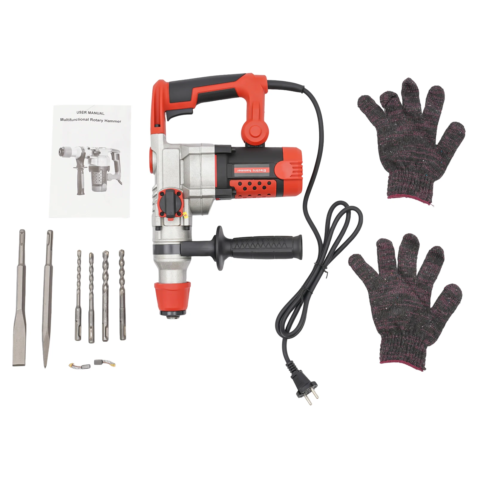 2200W Electric Rotary Demolition Hammer Drill Handheld Concrete Breaker Perforator Chisel Percussion Drill 0-930Rpm with 6 Bits