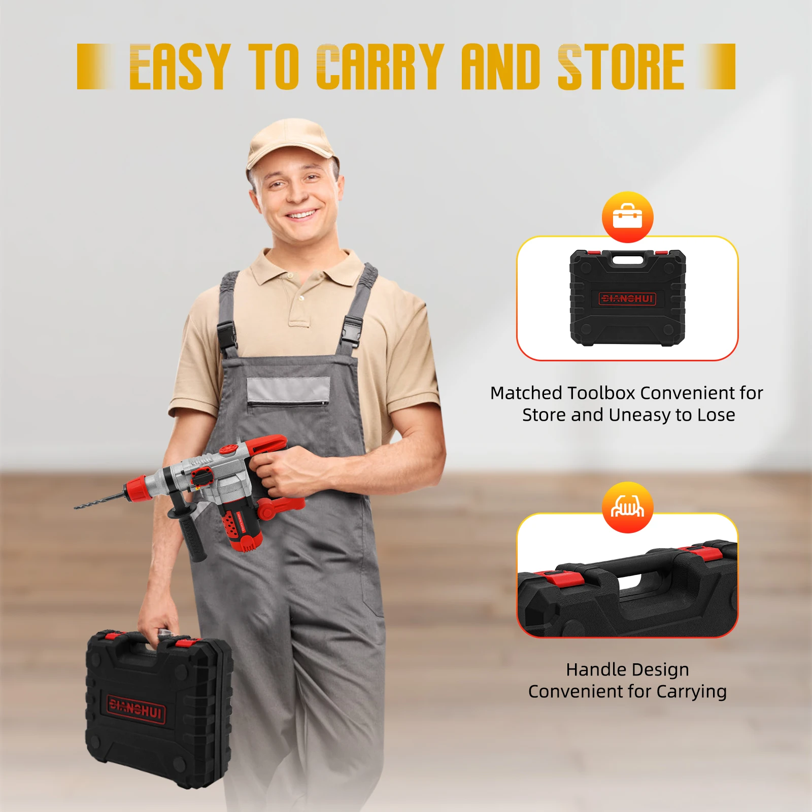 2200W Electric Rotary Demolition Hammer Drill Handheld Concrete Breaker Perforator Chisel Percussion Drill 0-930Rpm with 6 Bits