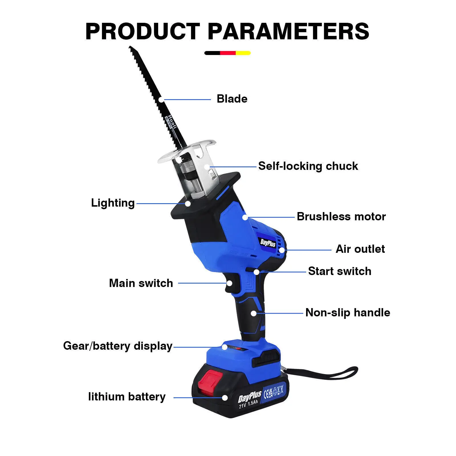 Cordless Reciprocating Saw with 1 Battery, Variable Speed, Cordless Sabre Saw, Electric Saw for Wood & Metal Cutting, LED Light