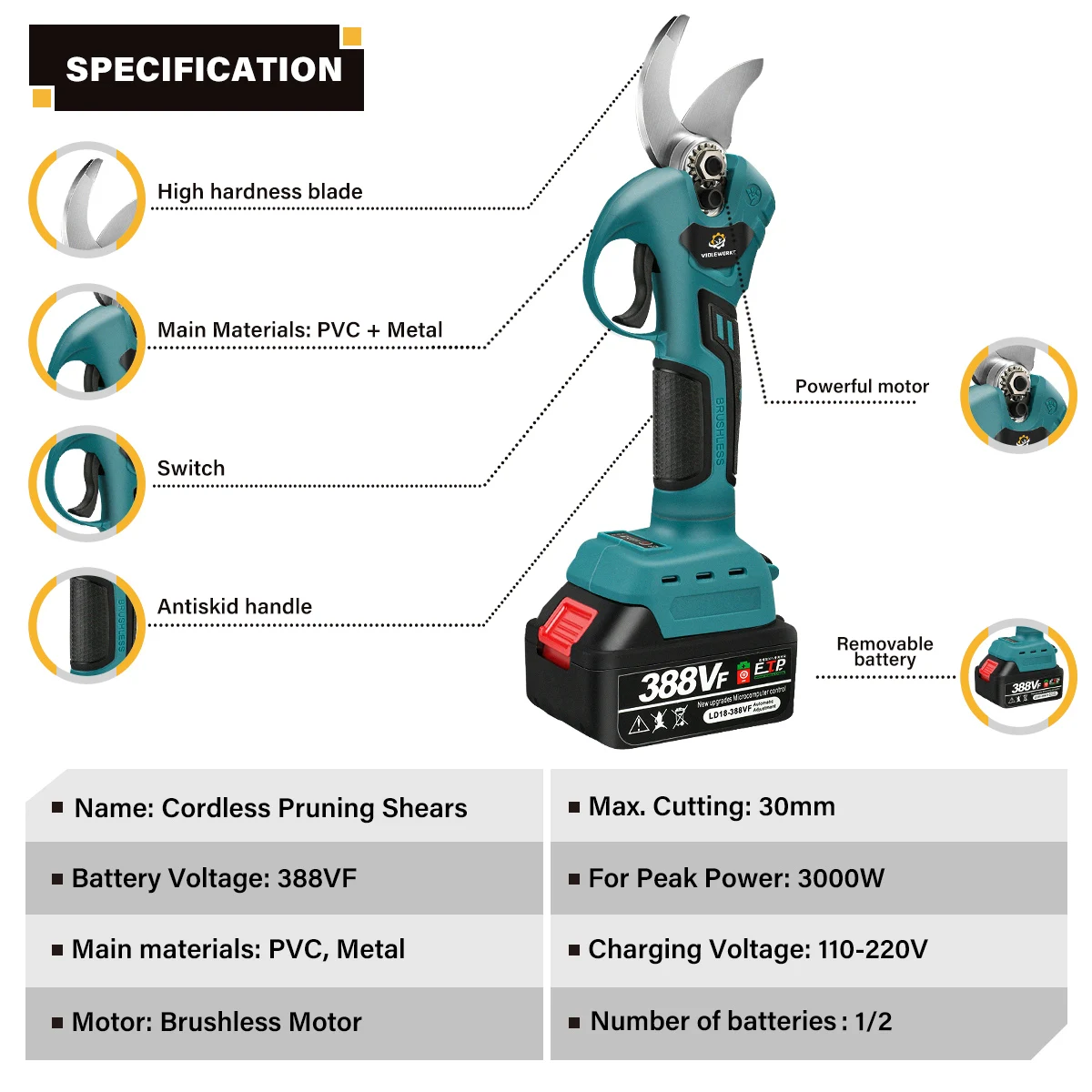4 Gears Brushless Electric Pruning Shear 30mm Cordless Pruner Fruit Tree Potted Pruning Electric Tool For 18V Battery