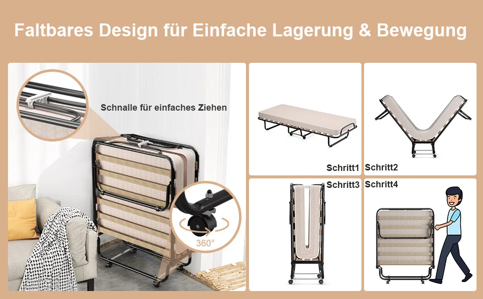 80x190cm Guest bed with mattress made of resetting foam, folding single bed, stable metal bed up to 130kg load