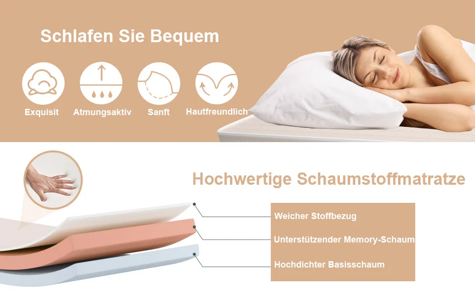 80x190cm Guest bed with mattress made of resetting foam, folding single bed, stable metal bed up to 130kg load