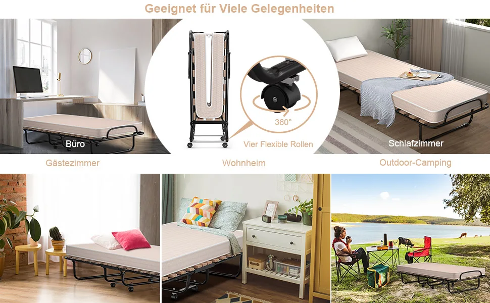 80x190cm Guest bed with mattress made of resetting foam, folding single bed, stable metal bed up to 130kg load