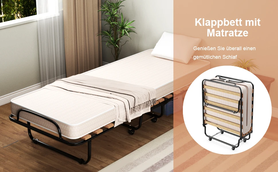 80x190cm Guest bed with mattress made of resetting foam, folding single bed, stable metal bed up to 130kg load