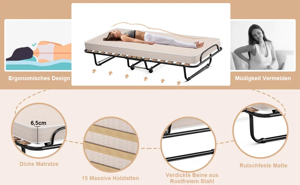 80x190cm Guest bed with mattress made of resetting foam, folding single bed, stable metal bed up to 130kg load