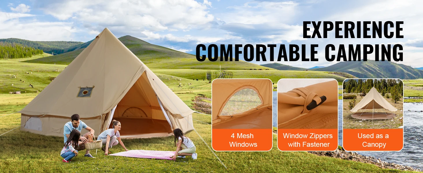 SucceBuy Canvas Bell Tent 4 Seasons 4 m/13.12 ft Yurt Tent Canvas Tent for Camping with Stove Jack Breathable Tent Holds 6People