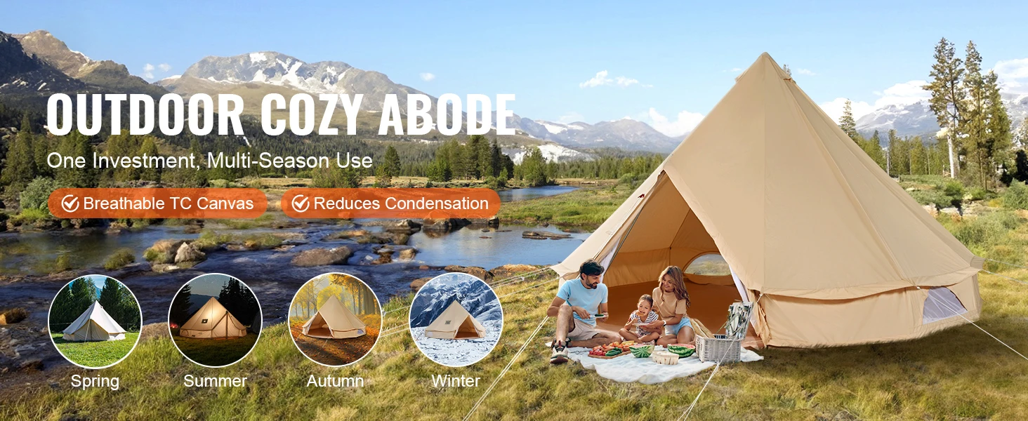 SucceBuy Canvas Bell Tent 4 Seasons 4 m/13.12 ft Yurt Tent Canvas Tent for Camping with Stove Jack Breathable Tent Holds 6People