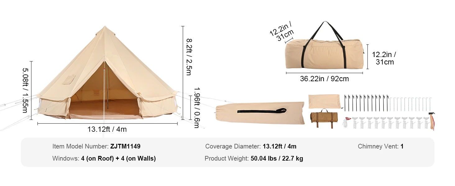 SucceBuy Canvas Bell Tent 4 Seasons 4 m/13.12 ft Yurt Tent Canvas Tent for Camping with Stove Jack Breathable Tent Holds 6People