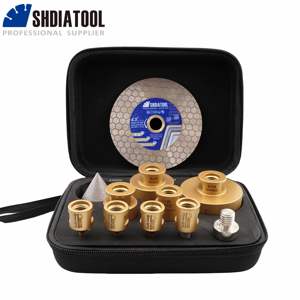 SHDIATOOL 11Pcs Diamond Drill Bit Kit 6/6/8/25/35/50/68mm Hole Saw+10mm Milling Bit+50mm Chamfer Bit+115mm Saw Blade+HEX Adapter