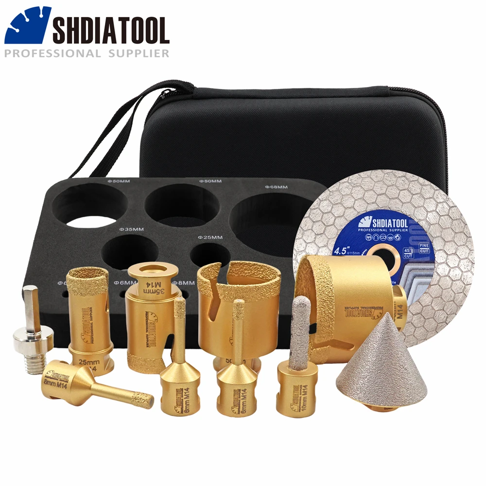 SHDIATOOL 11Pcs Diamond Drill Bit Kit 6/6/8/25/35/50/68mm Hole Saw+10mm Milling Bit+50mm Chamfer Bit+115mm Saw Blade+HEX Adapter