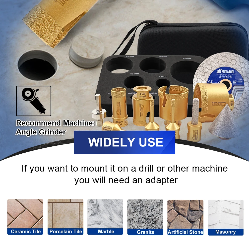 SHDIATOOL 11Pcs Diamond Drill Bit Kit 6/6/8/25/35/50/68mm Hole Saw+10mm Milling Bit+50mm Chamfer Bit+115mm Saw Blade+HEX Adapter