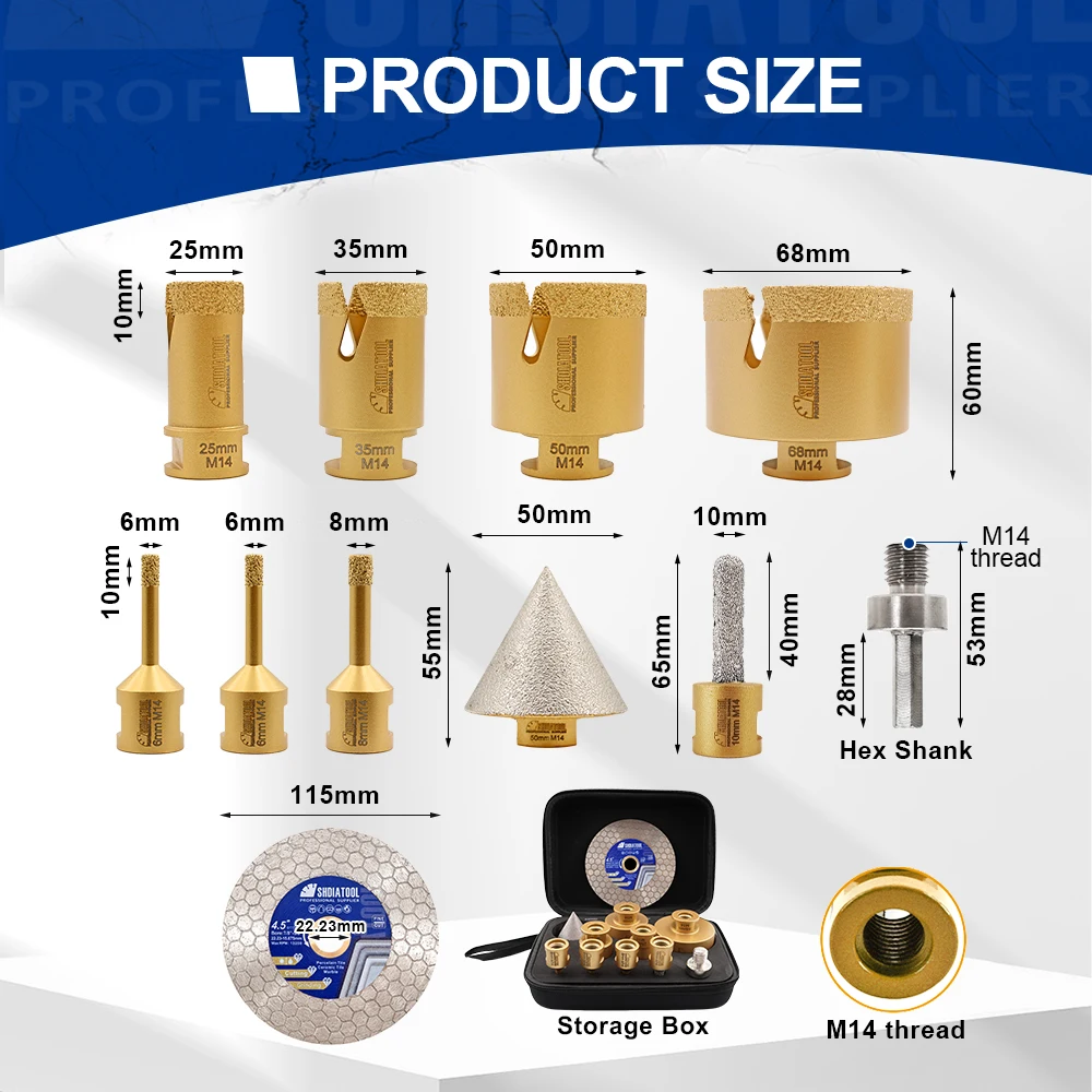 SHDIATOOL 11Pcs Diamond Drill Bit Kit 6/6/8/25/35/50/68mm Hole Saw+10mm Milling Bit+50mm Chamfer Bit+115mm Saw Blade+HEX Adapter